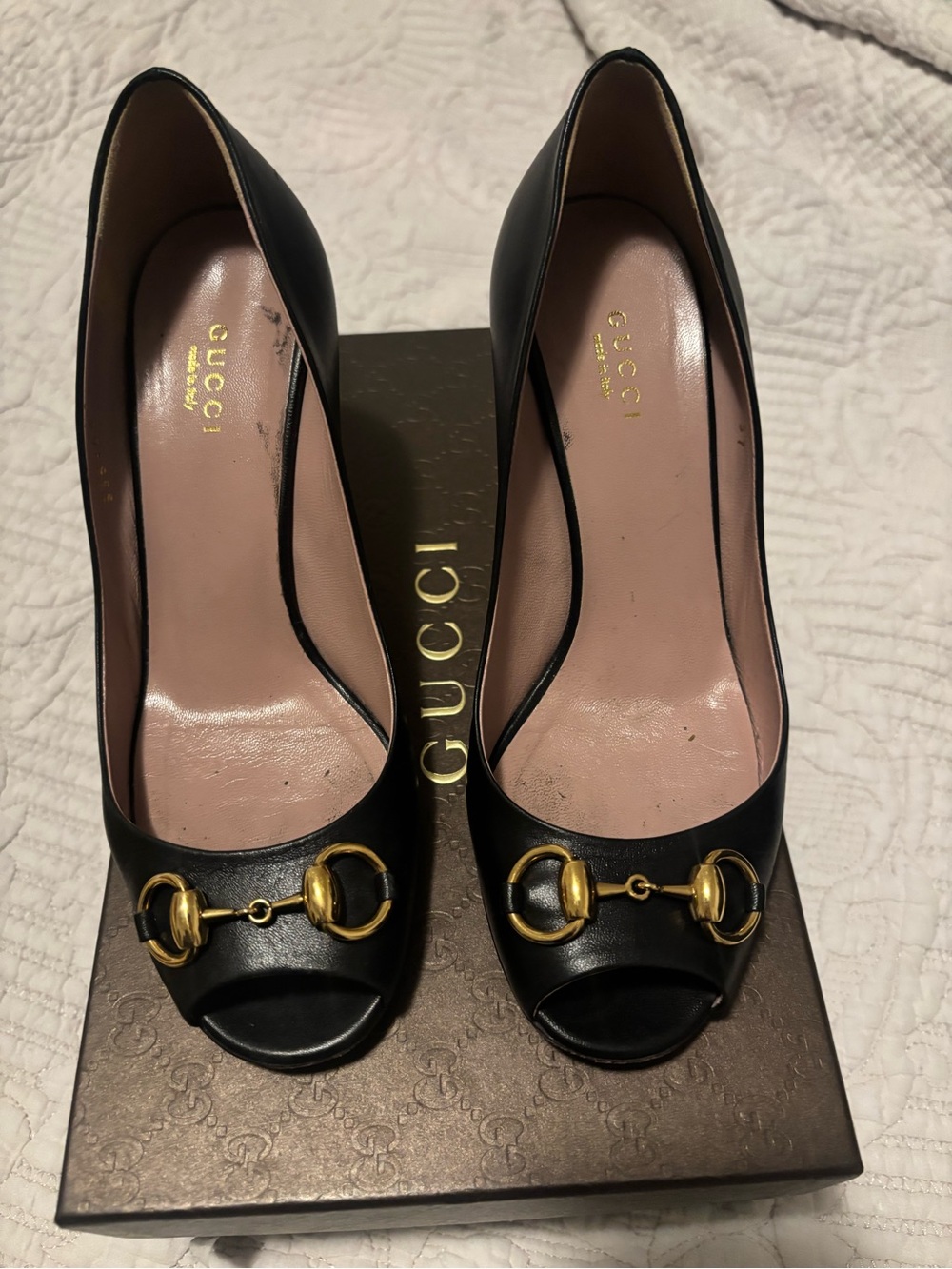 Gucci Black Leather Peep-Toe Heels with Gold Horsebit Detail
